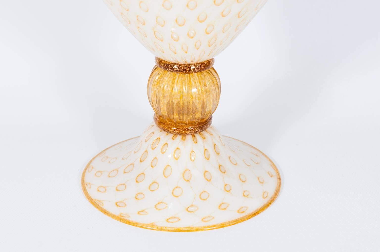 Hand-Crafted Italian Venetian, Table Lamp, blown Murano Glass, White & Amber finishes, 1980s