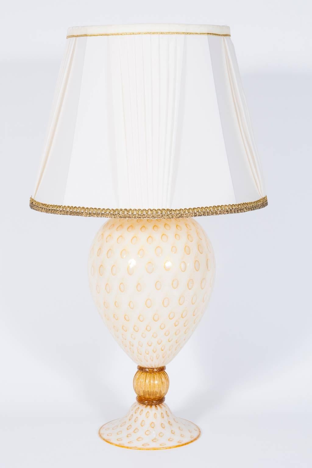 Mid-Century Modern Italian Venetian, Table Lamp, blown Murano Glass, White & Amber finishes, 1980s