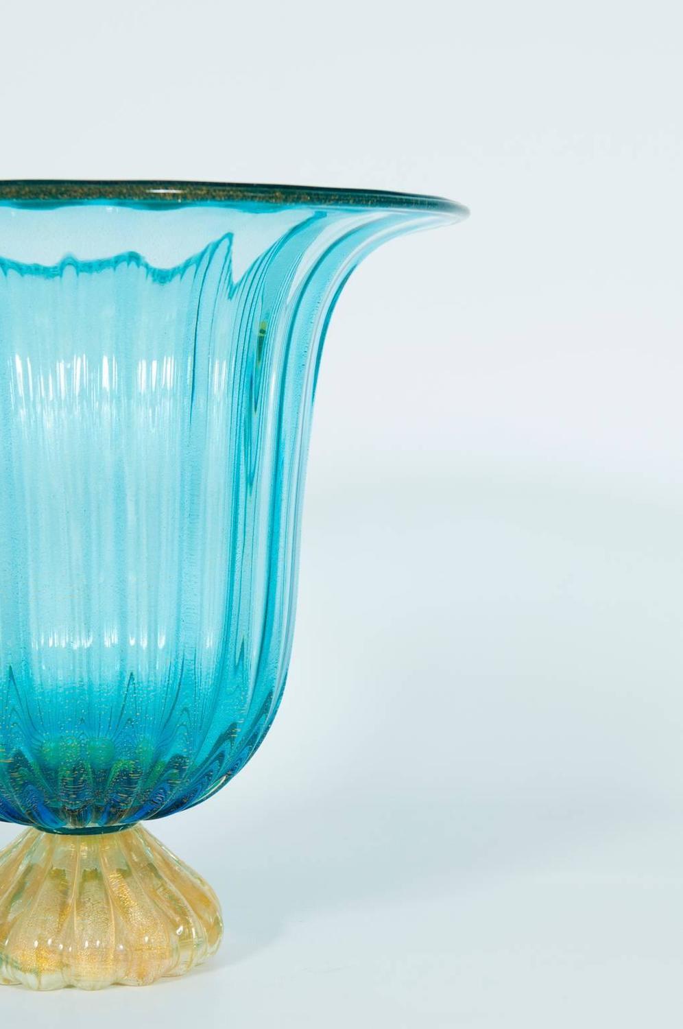 Italian Vase in Murano Glass Light Blue and Gold, 1980s For Sale at 1stdibs