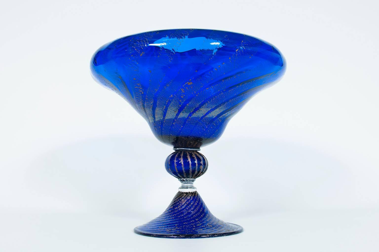 Hand-Crafted Italian Vase in blown Murano Glass Blue and Silver finishes  1980s For Sale