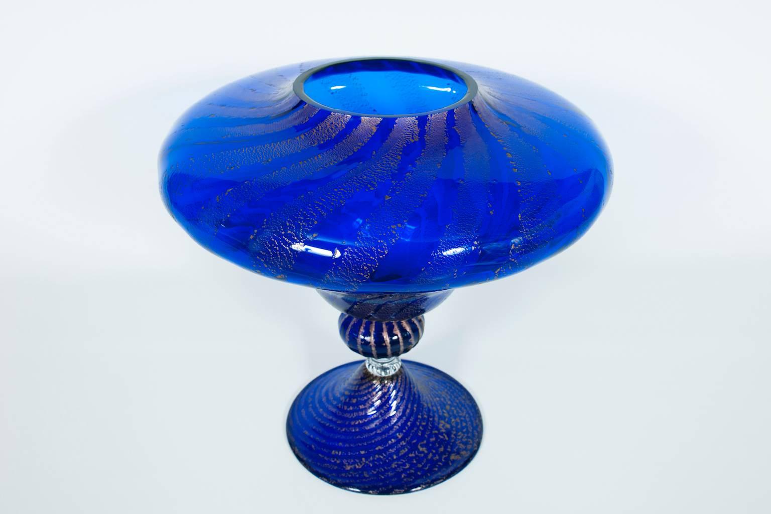 Art Deco Italian Vase in blown Murano Glass Blue and Silver finishes  1980s For Sale