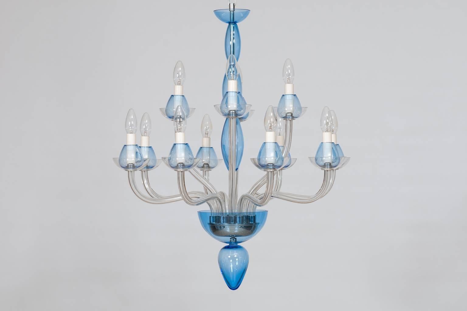 Italian Venetian, Chandelier, blown Murano Glass, Transparent & Light-Blue, 1990s 2