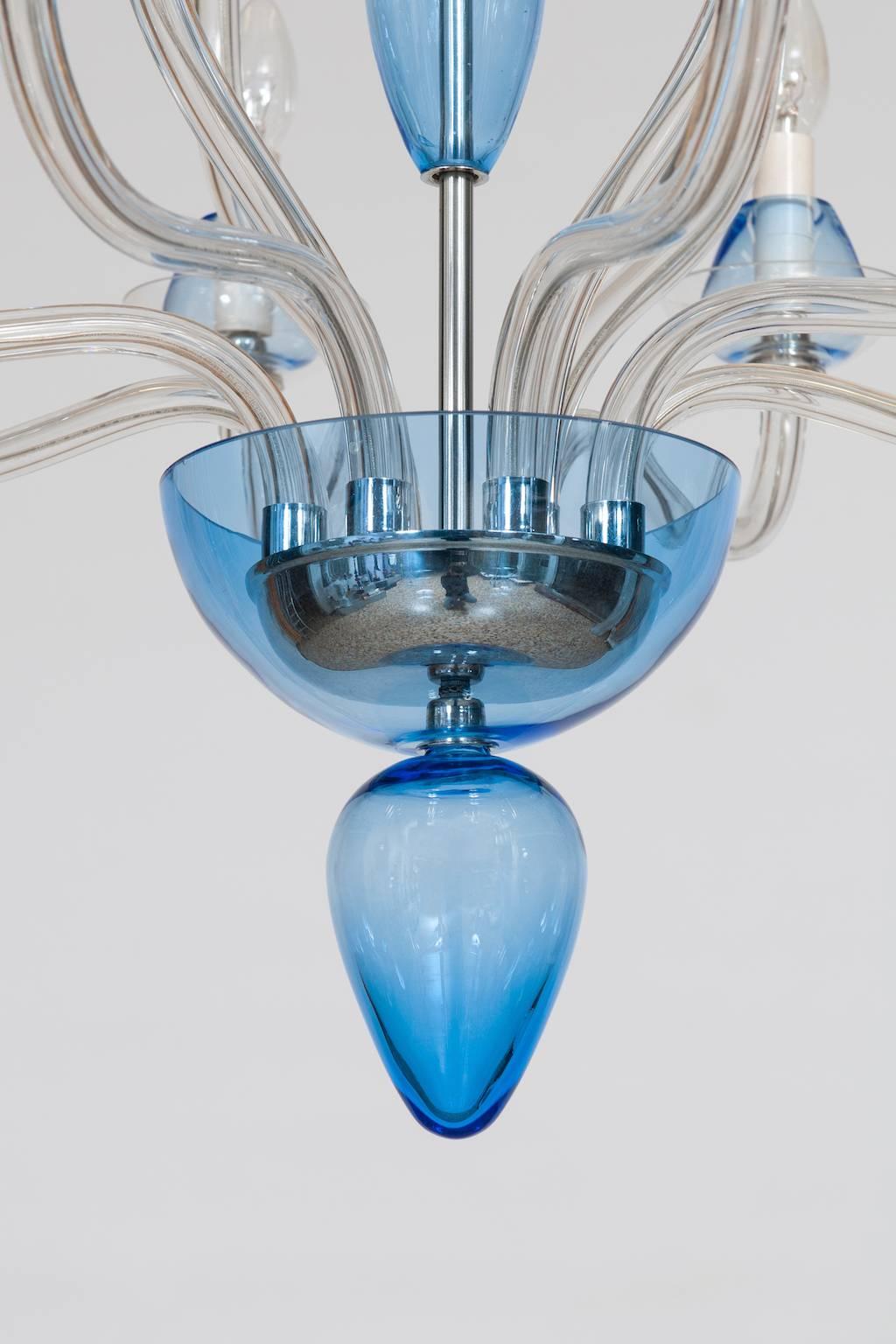 Modern Italian Venetian, Chandelier, blown Murano Glass, Transparent & Light-Blue, 1990s
