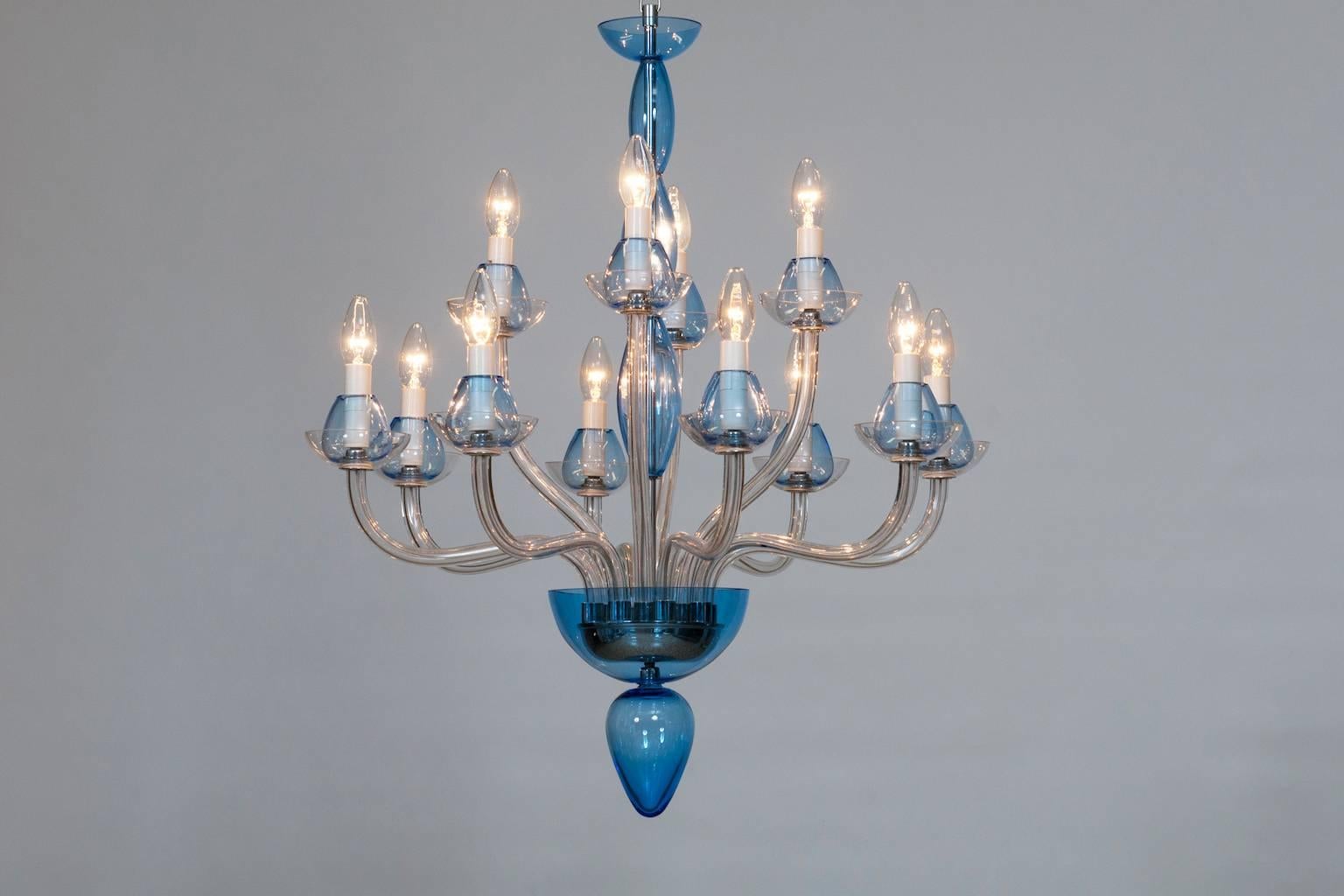 Italian Venetian, Chandelier, blown Murano Glass, Transparent & Light-Blue, 1990s 3