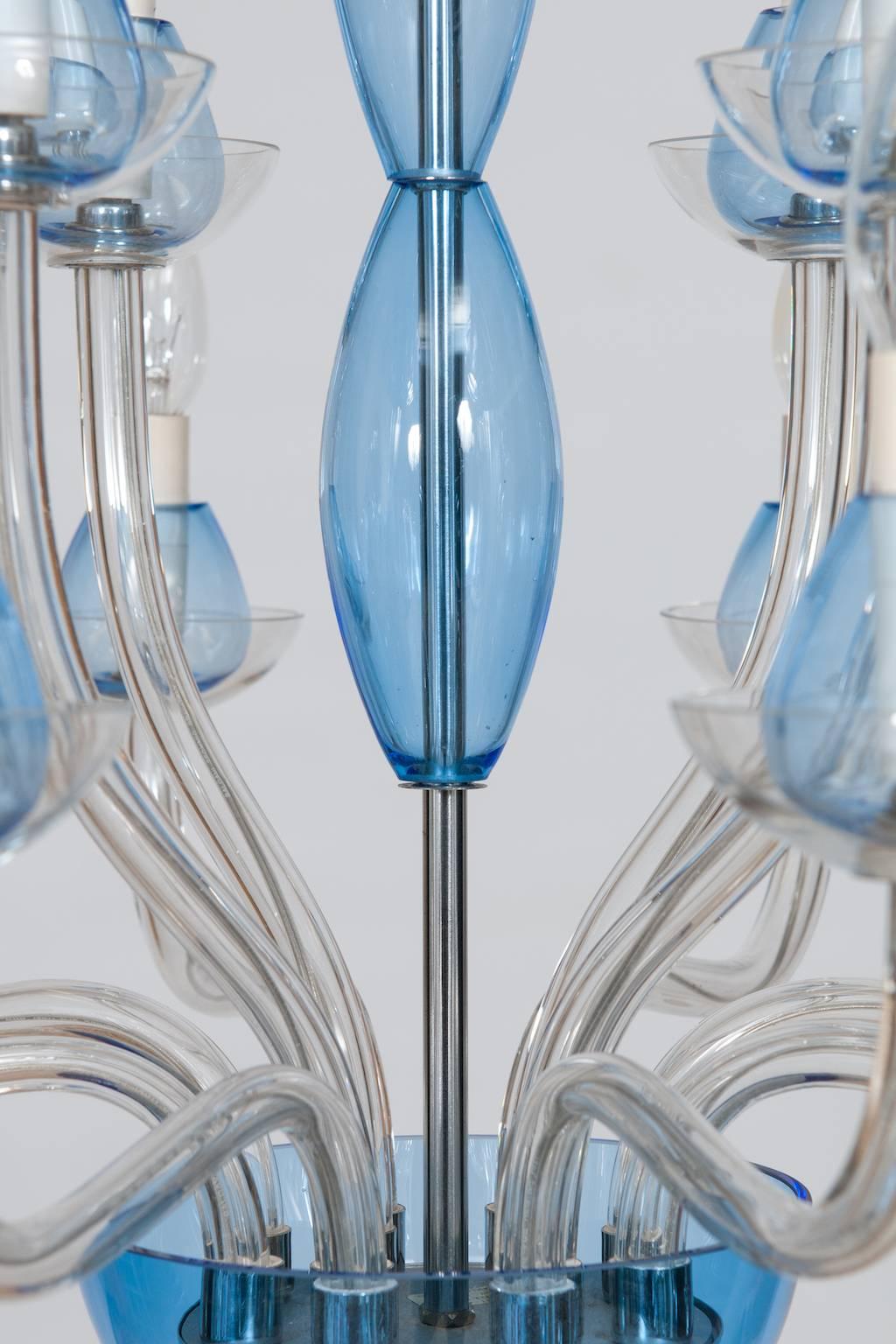 Late 20th Century Italian Venetian, Chandelier, blown Murano Glass, Transparent & Light-Blue, 1990s