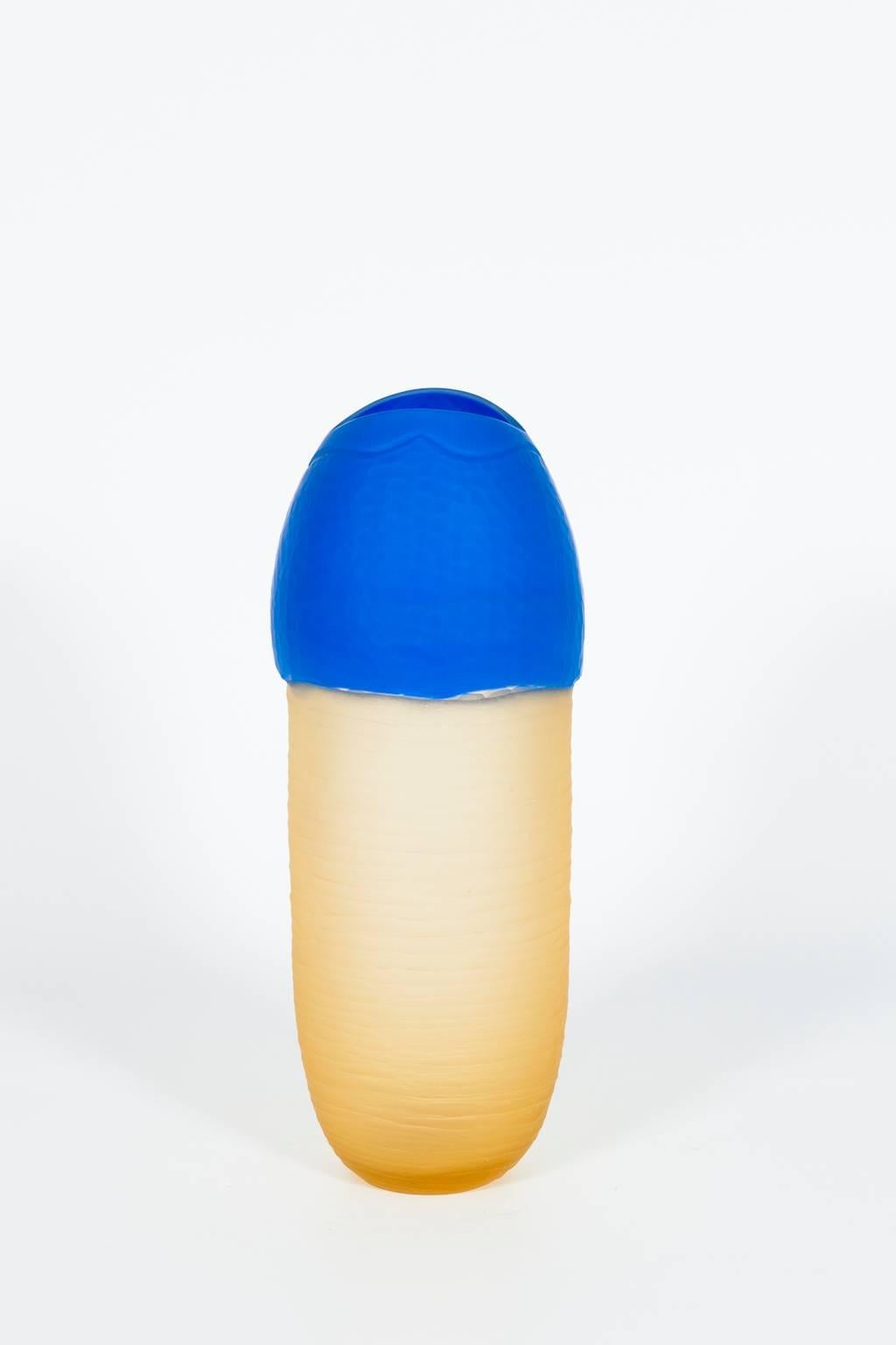 Art Deco Italian Vase erotic Sculpture in Blown Murano Glass light amber & Blue 1990s For Sale