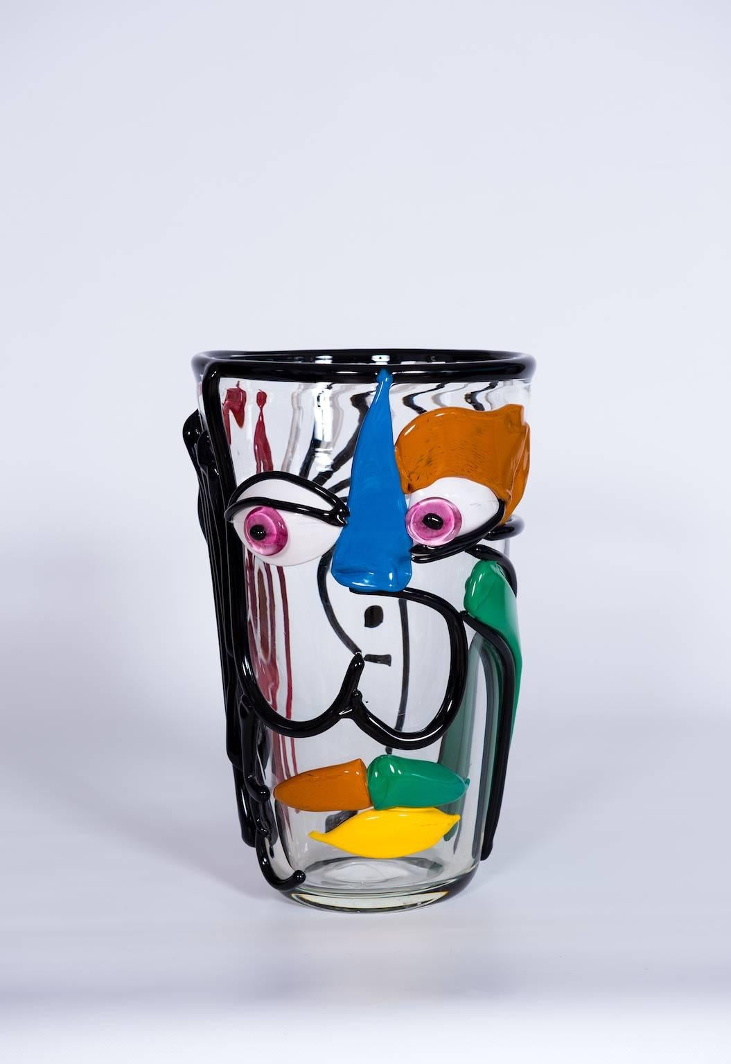 Art Deco Italian Vase in Murano Glass Multi-Color Picasso Style Cenedese 1970s For Sale