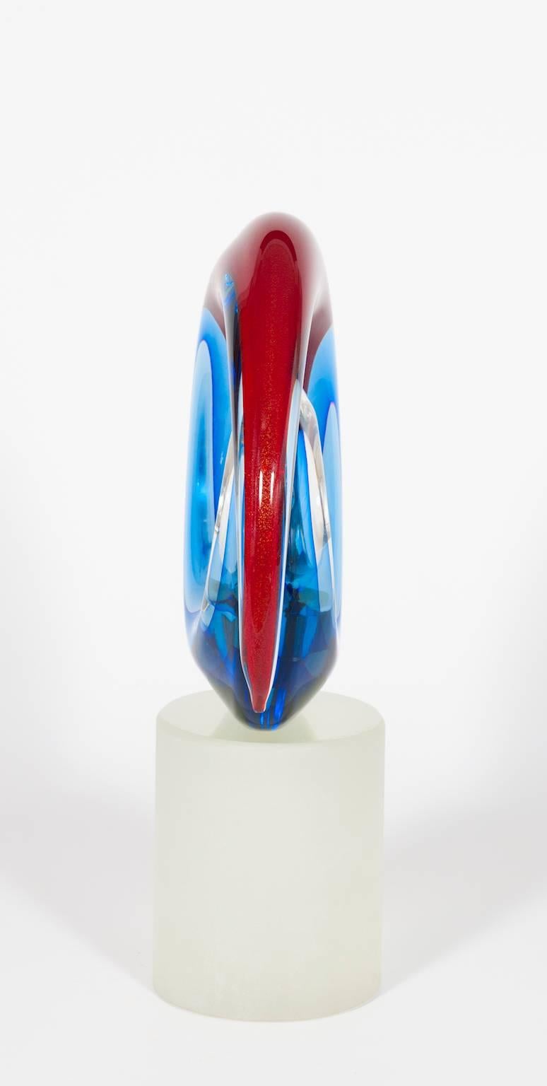 Hand-Crafted Italian Venetian, Sculpture, Blown Murano Glass, Red Blu, Romano Donà, 1990s For Sale