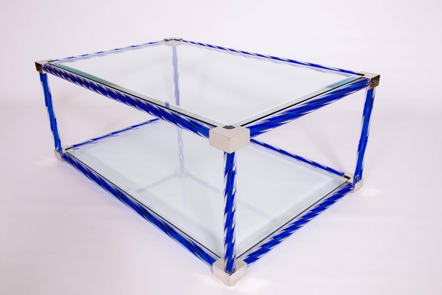 Hand-Crafted Italian Venetian Coffe Table in Blown Murano Glass Blue and Chromed 21st For Sale