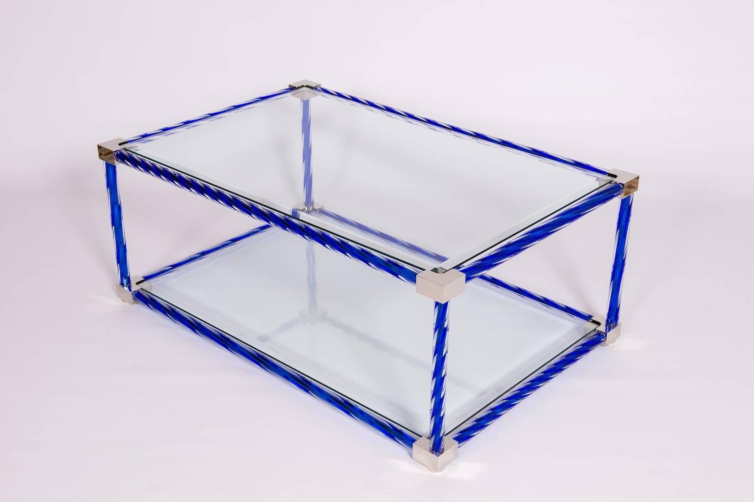 Mid-Century Modern Italian Venetian Coffe Table in Blown Murano Glass Blue and Chromed 21st For Sale