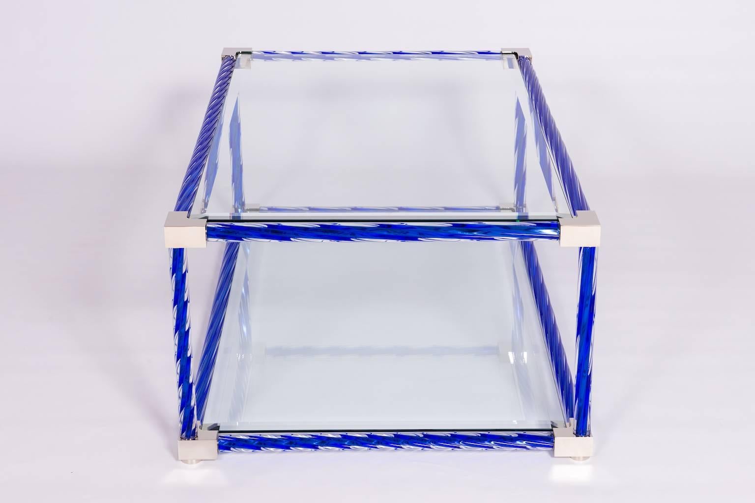 Italian Venetian Coffe Table in Blown Murano Glass Blue and Chromed 21st In Excellent Condition For Sale In Villaverla, IT