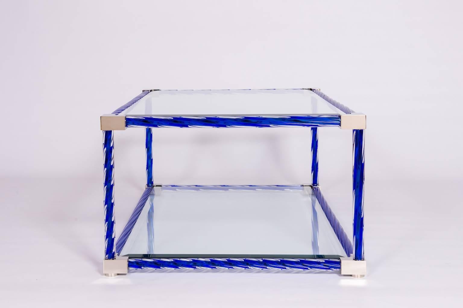 Contemporary Italian Venetian Coffe Table in Blown Murano Glass Blue and Chromed 21st For Sale