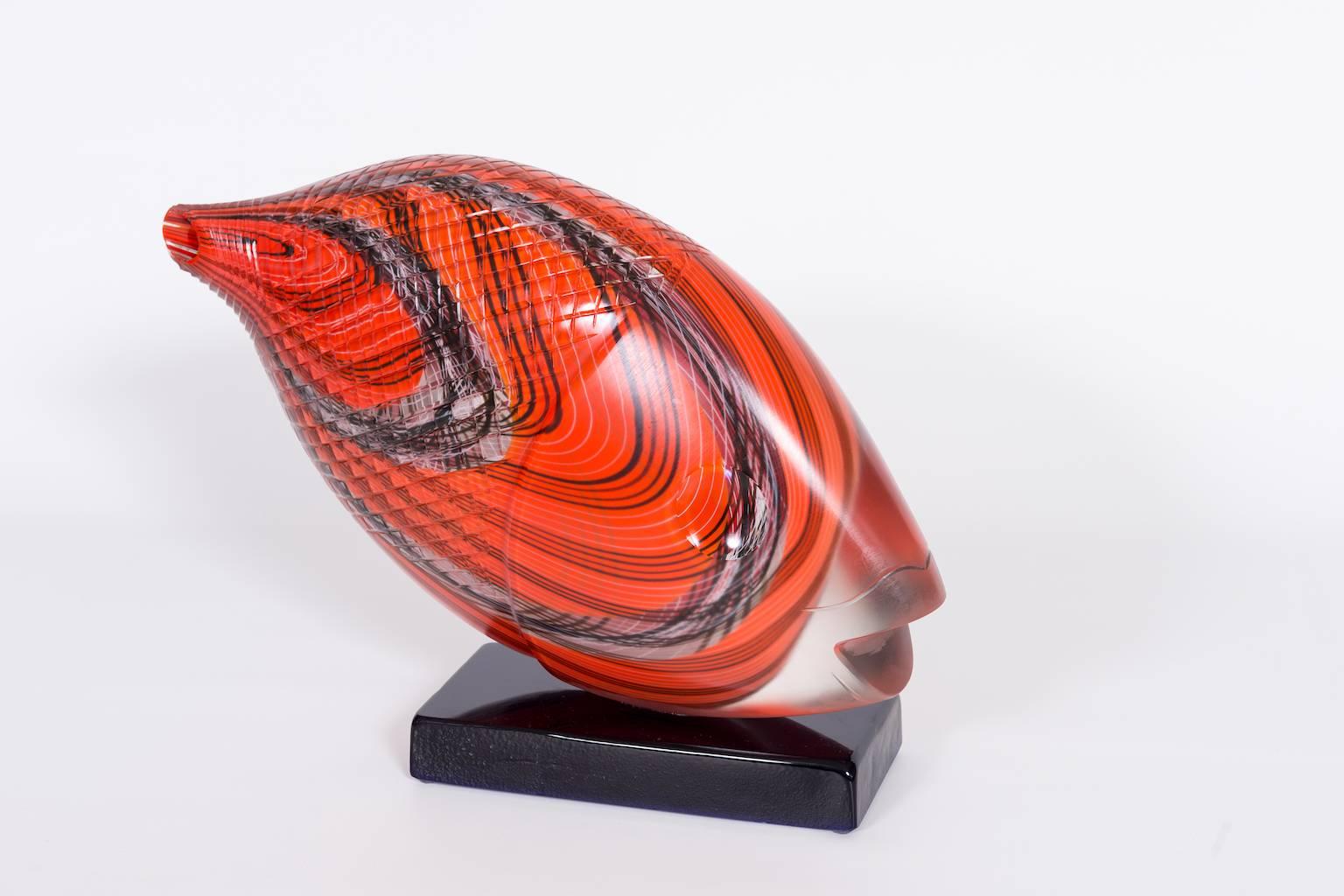 Hand-Crafted Italian Fish Sculpture in Blown Murano Glass Red Opaque black handcarved, 1990s For Sale