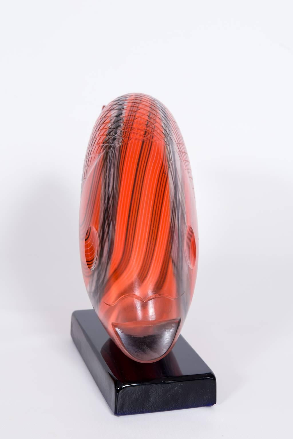 Late 20th Century Italian Fish Sculpture in Blown Murano Glass Red Opaque black handcarved, 1990s For Sale