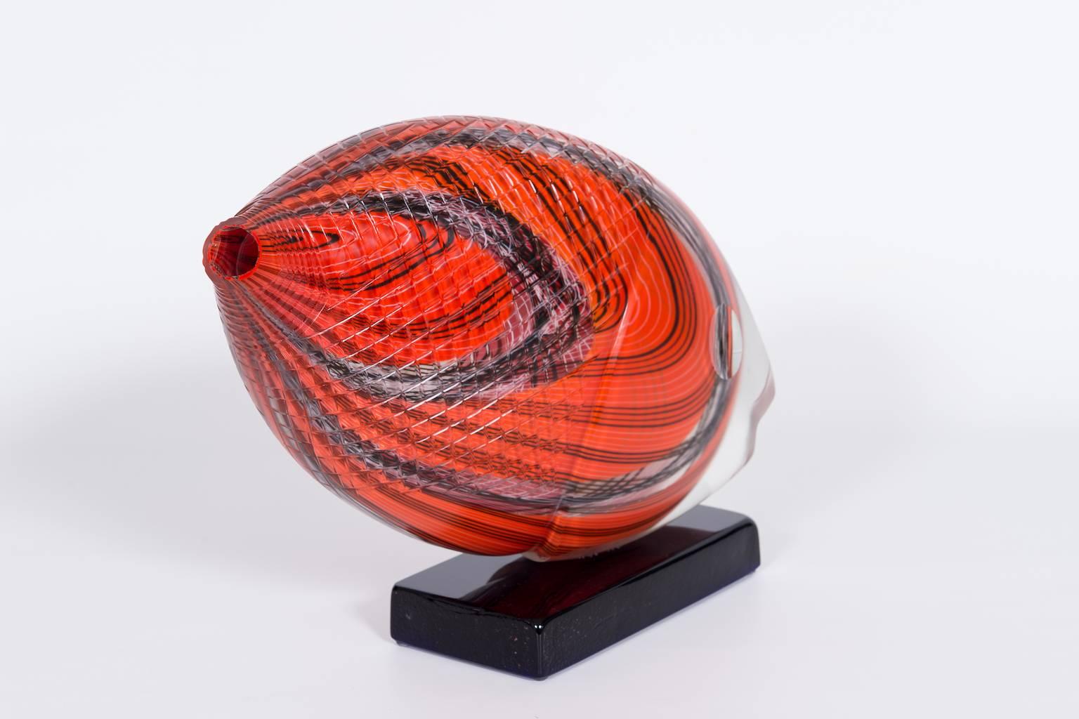 Blown Glass Italian Fish Sculpture in Blown Murano Glass Red Opaque black handcarved, 1990s For Sale