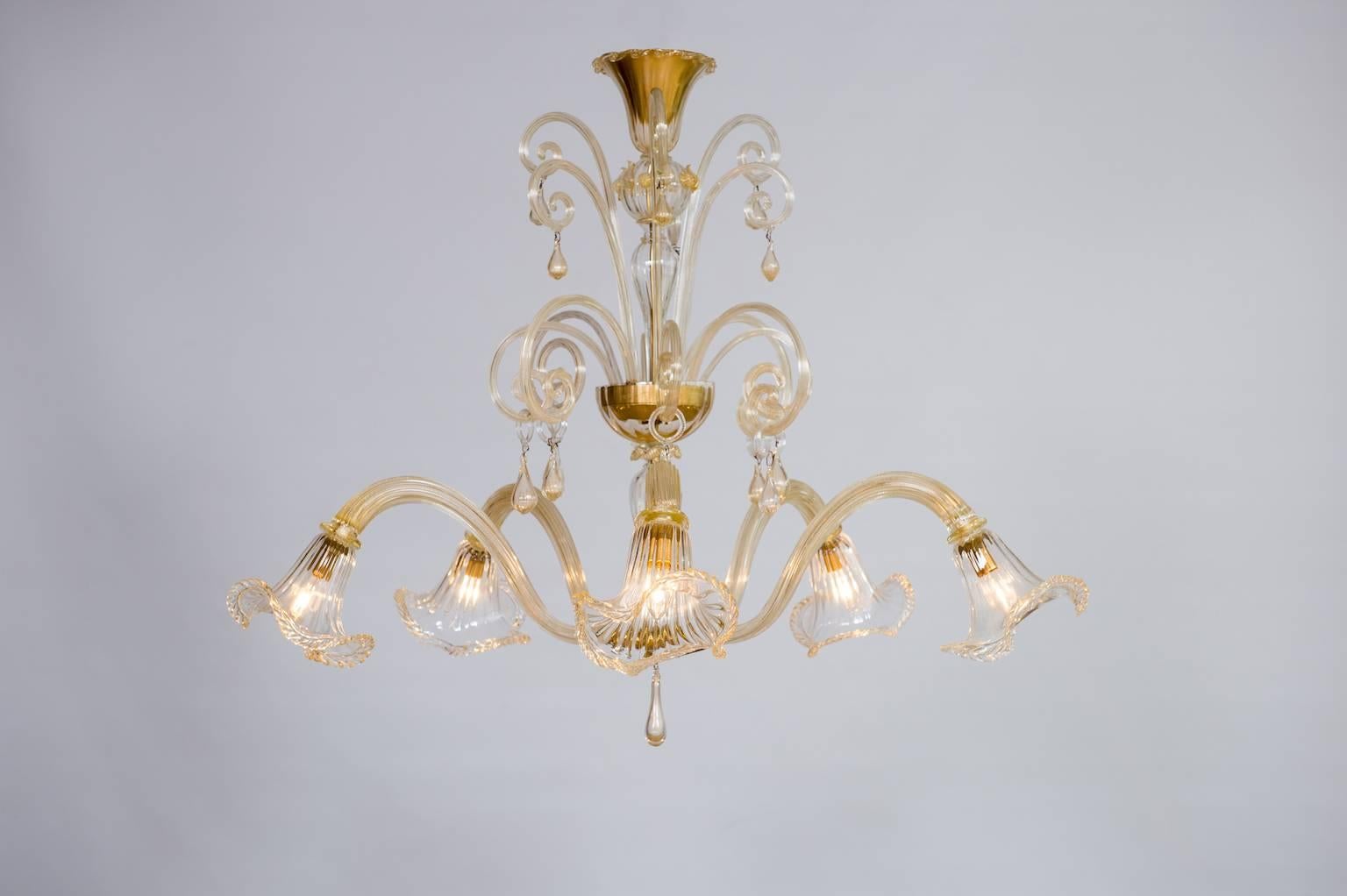 Brass Italian Chandelier in Gold and Blown Murano Glass, Big Bells and Pendants 1970s For Sale