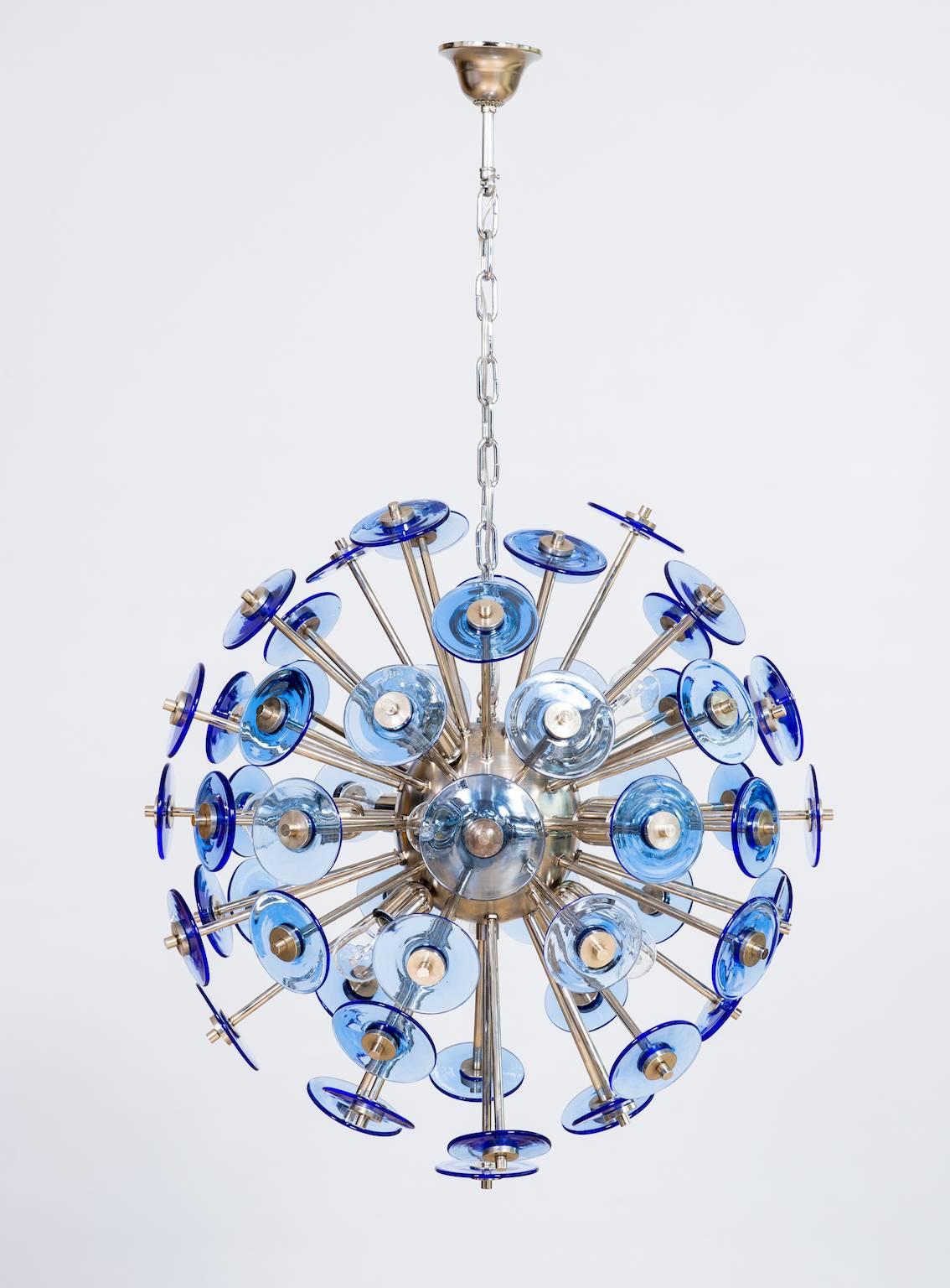 Amazing, Mid Modern,  Italian Venetian, Flush Mount, blown Murano Glass, Blue & Chromed, Mazzega 1980s, composed by circular glass elements in blue color, disposed in different levels. All elements are supported by a chromed framework in a very