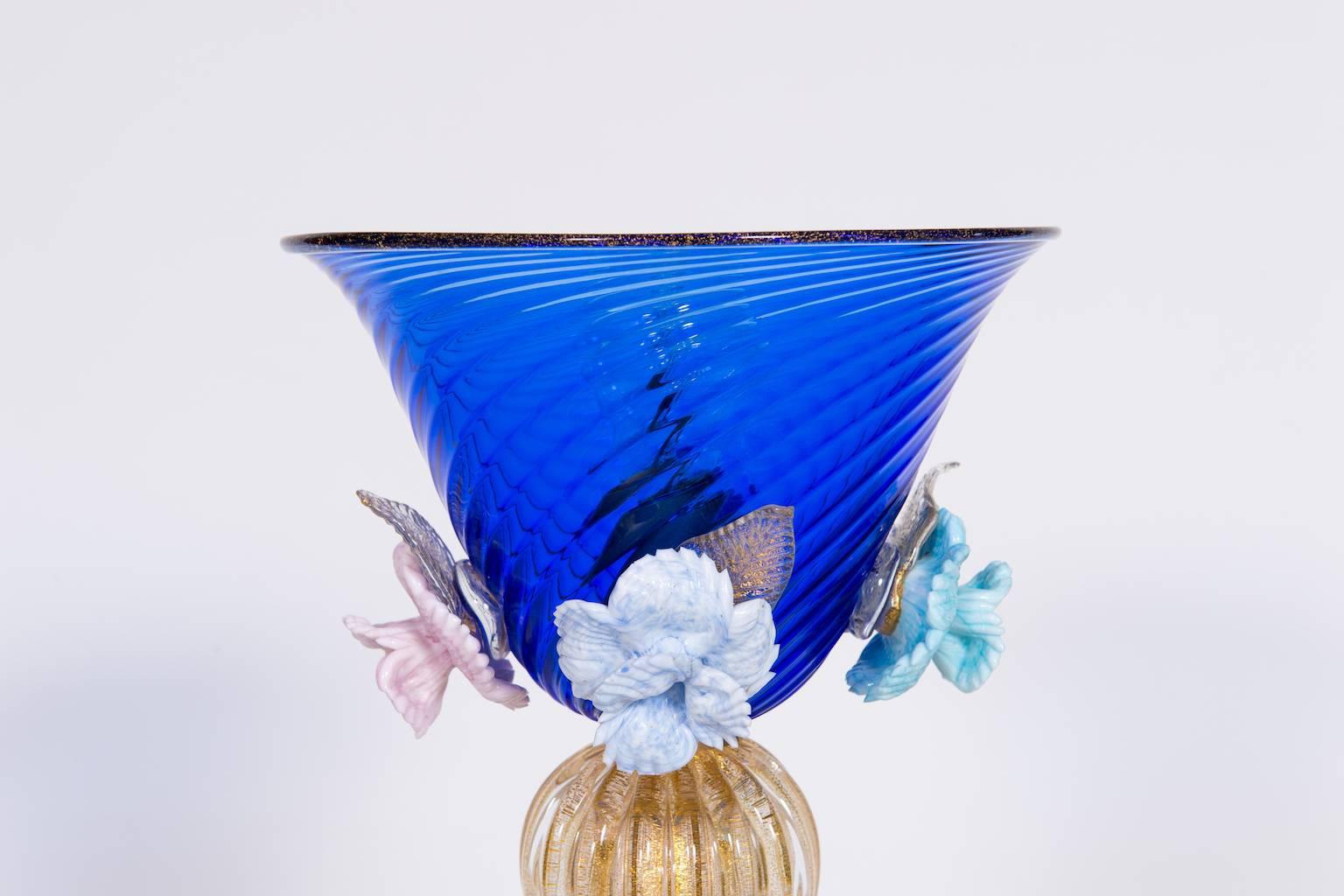 Verre Lampe de bureau italienne en verre de Murano bleu et or 24 carats, années 1980 en vente