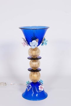 Italian Table Lamp in Blue and 24-Karat Gold Murano Glass, 1980s