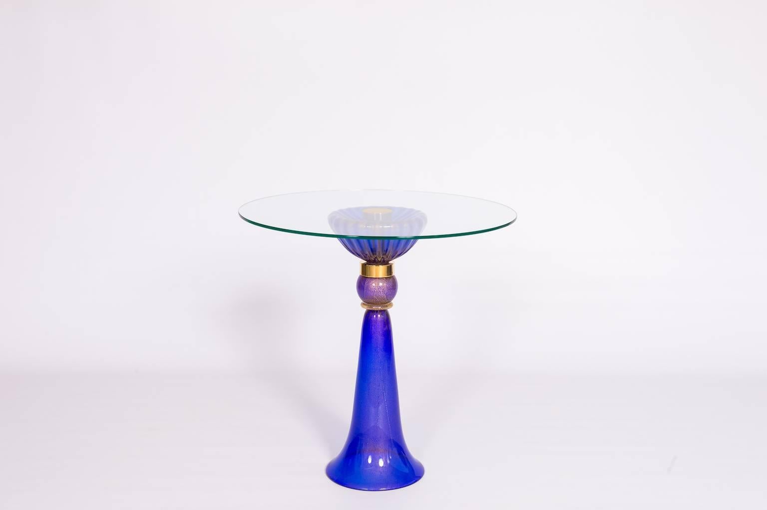 Art Deco Italian Venetian Cocktail Table Blown Murano Glass Blue & 24-Karat Gold, 1990s For Sale