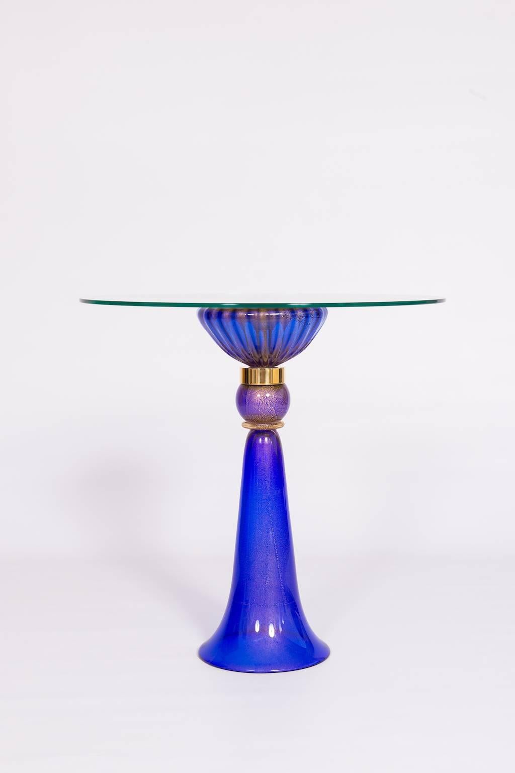 Hand-Crafted Italian Venetian Cocktail Table Blown Murano Glass Blue & 24-Karat Gold, 1990s For Sale