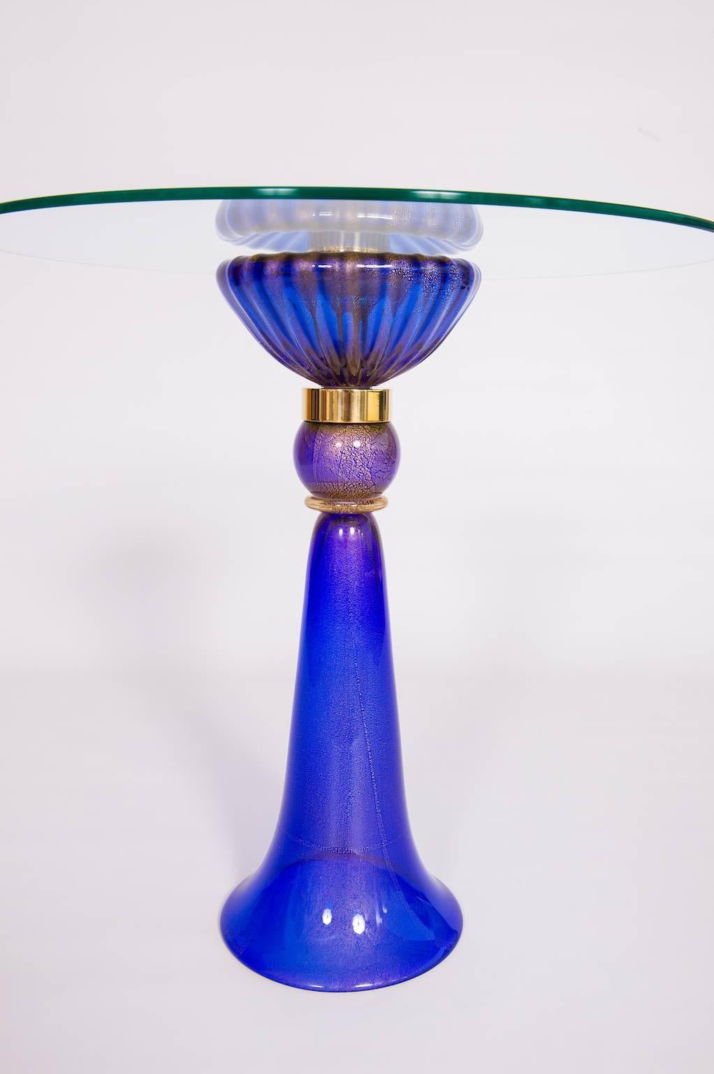 Late 20th Century Italian Venetian Cocktail Table Blown Murano Glass Blue & 24-Karat Gold, 1990s For Sale