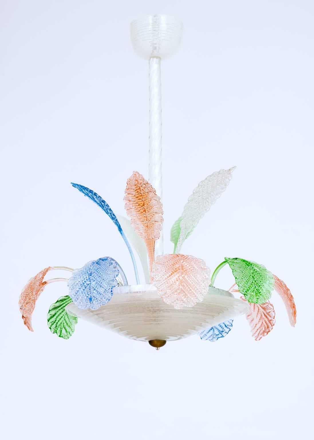 Elegant Italian chandelier in multi-color Murano glass, composed of very detailed parts that represented leaves high and low. All parts were made and realized in the Murano Island around 1960s. The chandelier is in very perfect condition, without