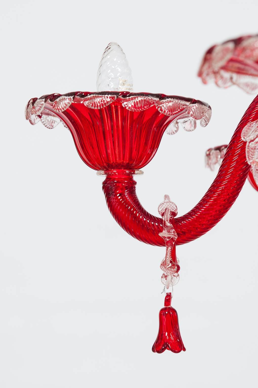 Late 20th Century Italian Venetian, Chandelier, Blown Murano Glass, Red and Transparent, 1990s