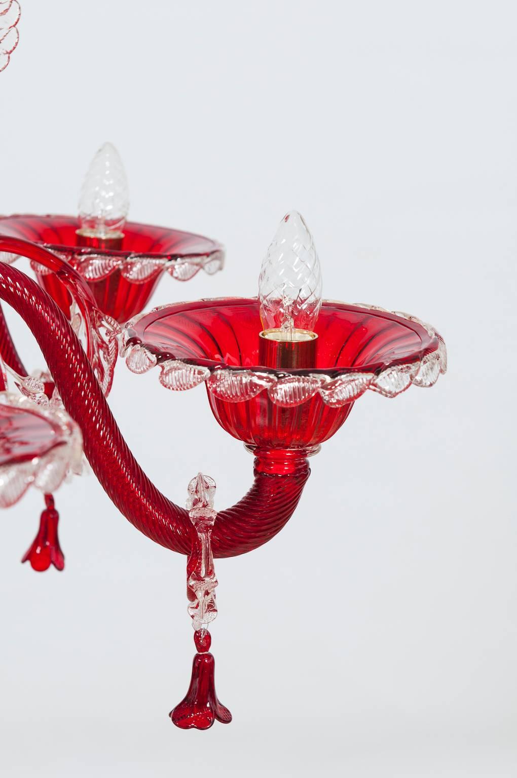 Italian Venetian, Chandelier, Blown Murano Glass, Red and Transparent, 1990s 2