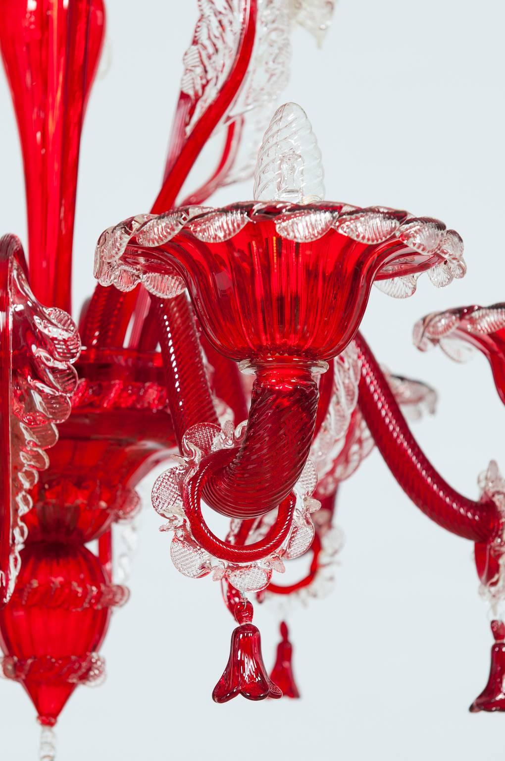 Hand-Crafted Italian Venetian, Chandelier, Blown Murano Glass, Red and Transparent, 1990s