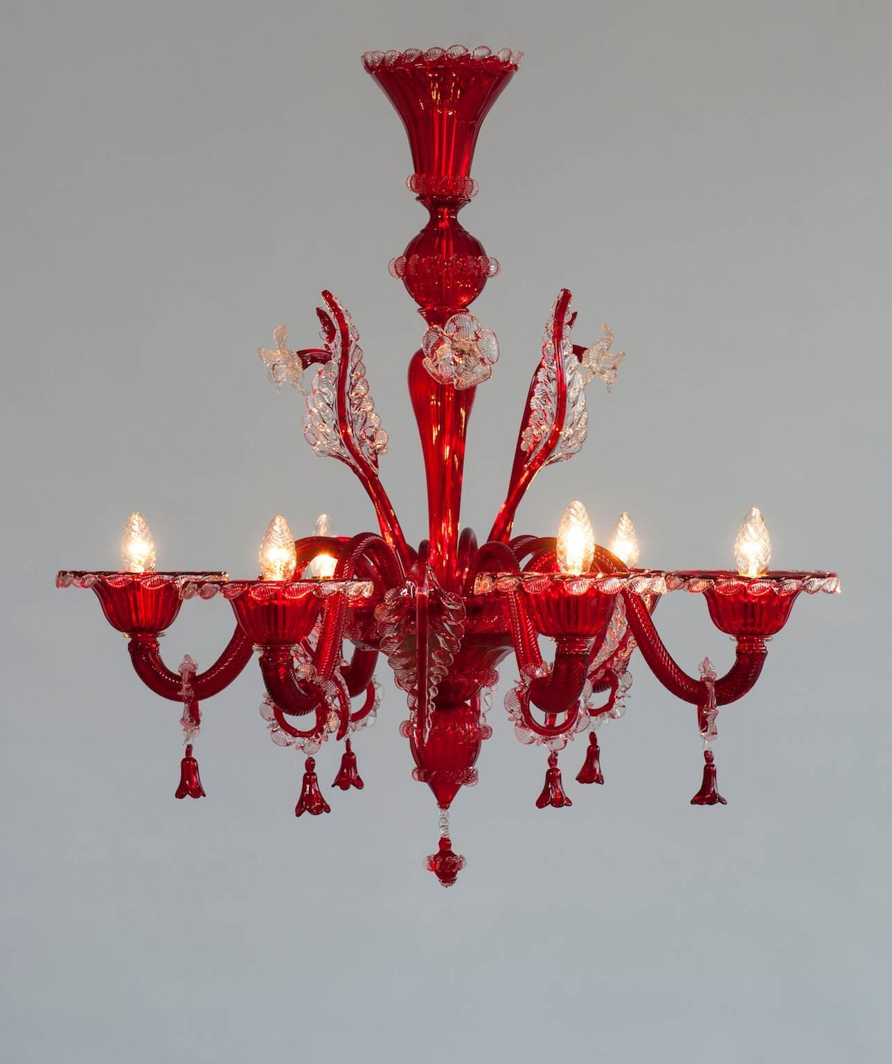 Italian Venetian, Chandelier, Blown Murano Glass, Red and Transparent, 1990s 3