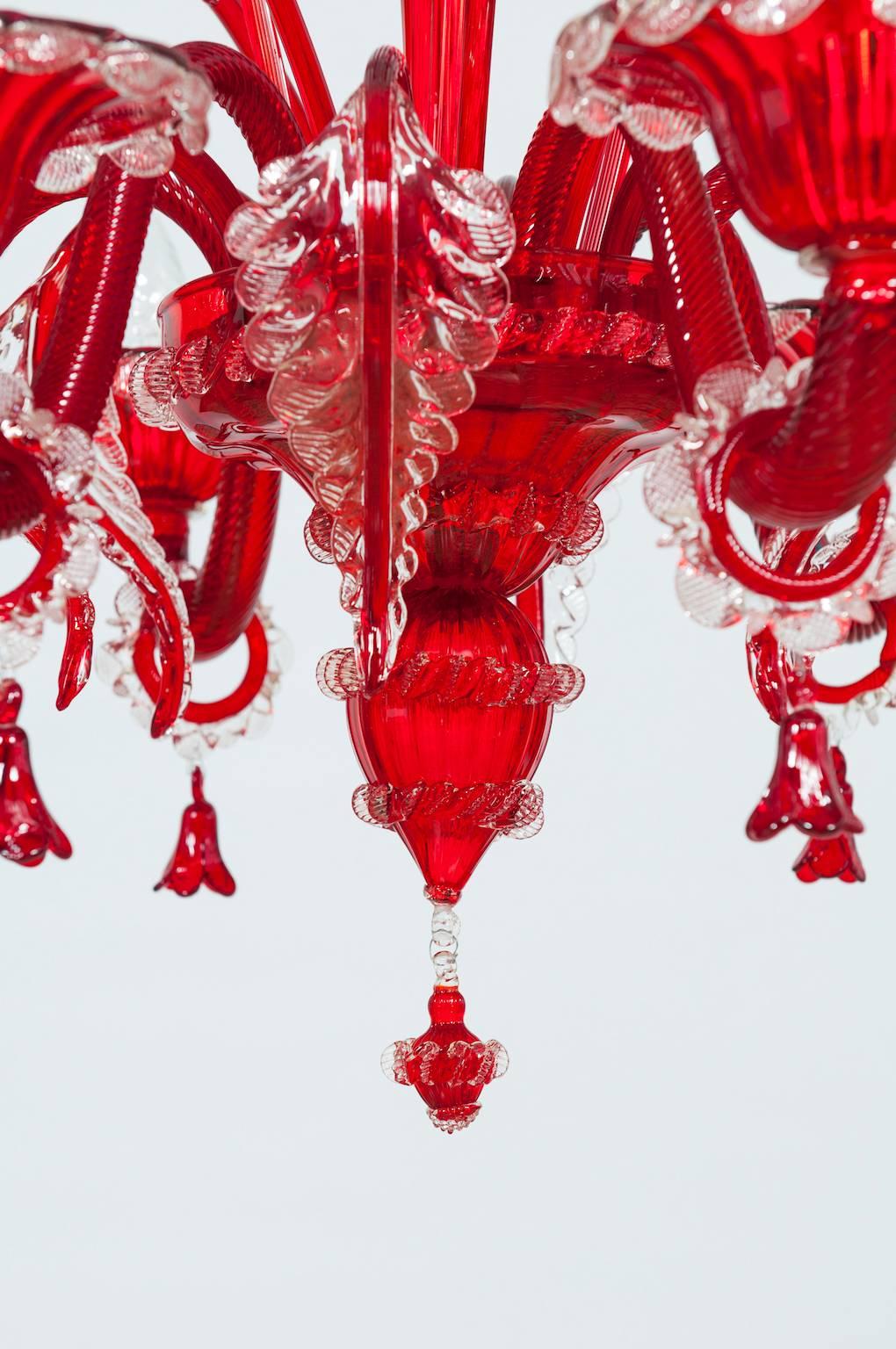 Romantic Italian Venetian, Chandelier, Blown Murano Glass, Red and Transparent, 1990s