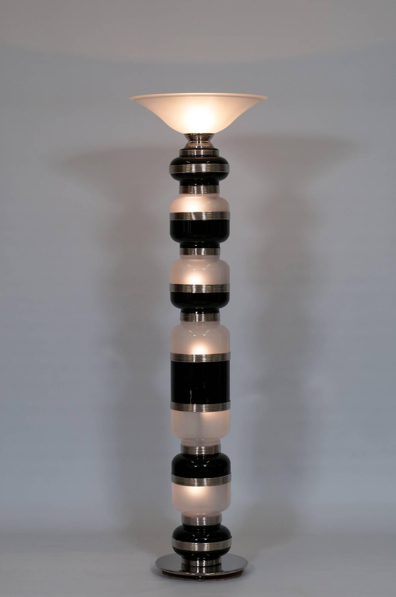 Italian Floor Lamp blown Murano Glass Black & White bulbs in the stem 1960s 4