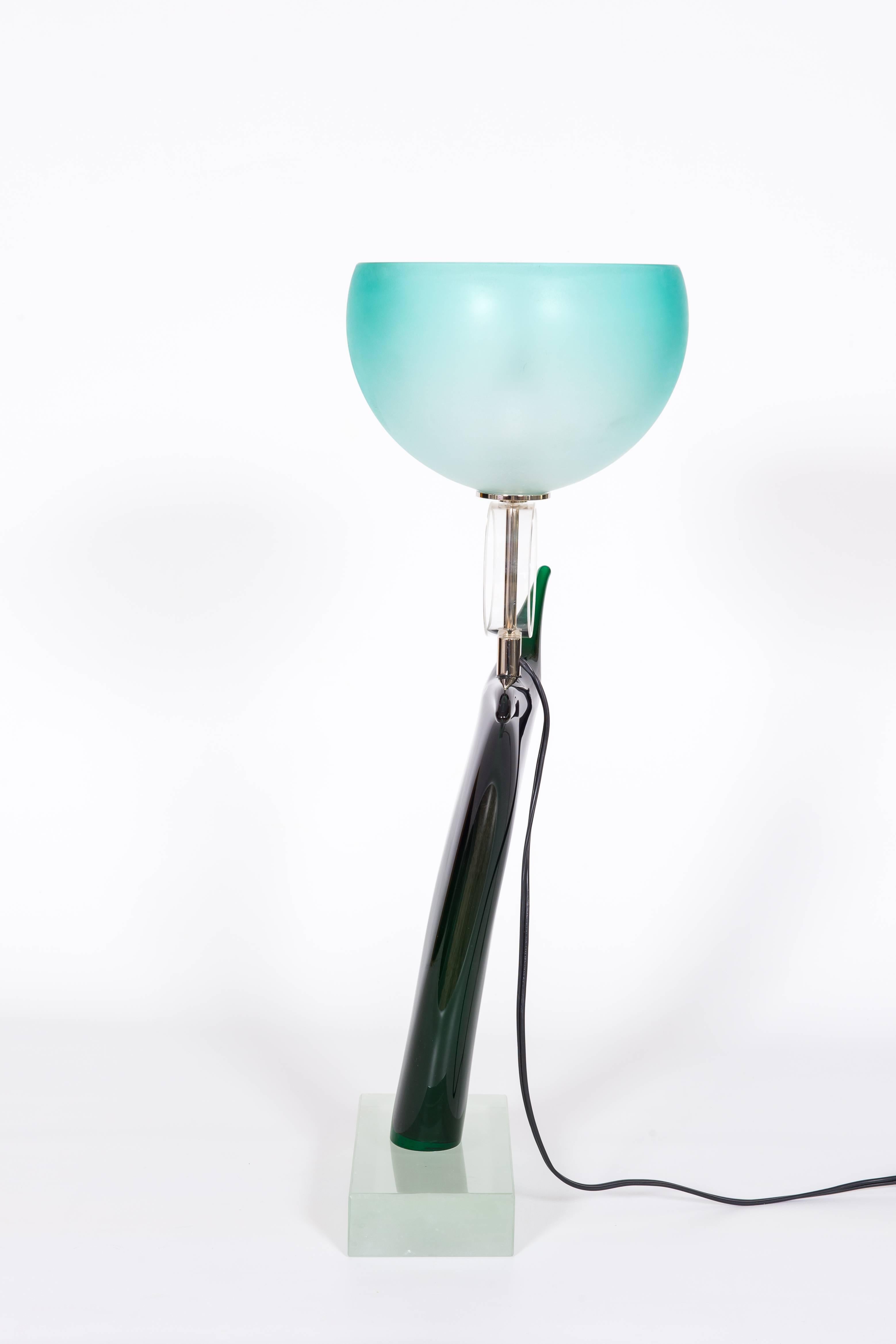 Italian Original Cenedese Tulip Table Lamp in green and blue Murano Glass Italy  1970s  For Sale