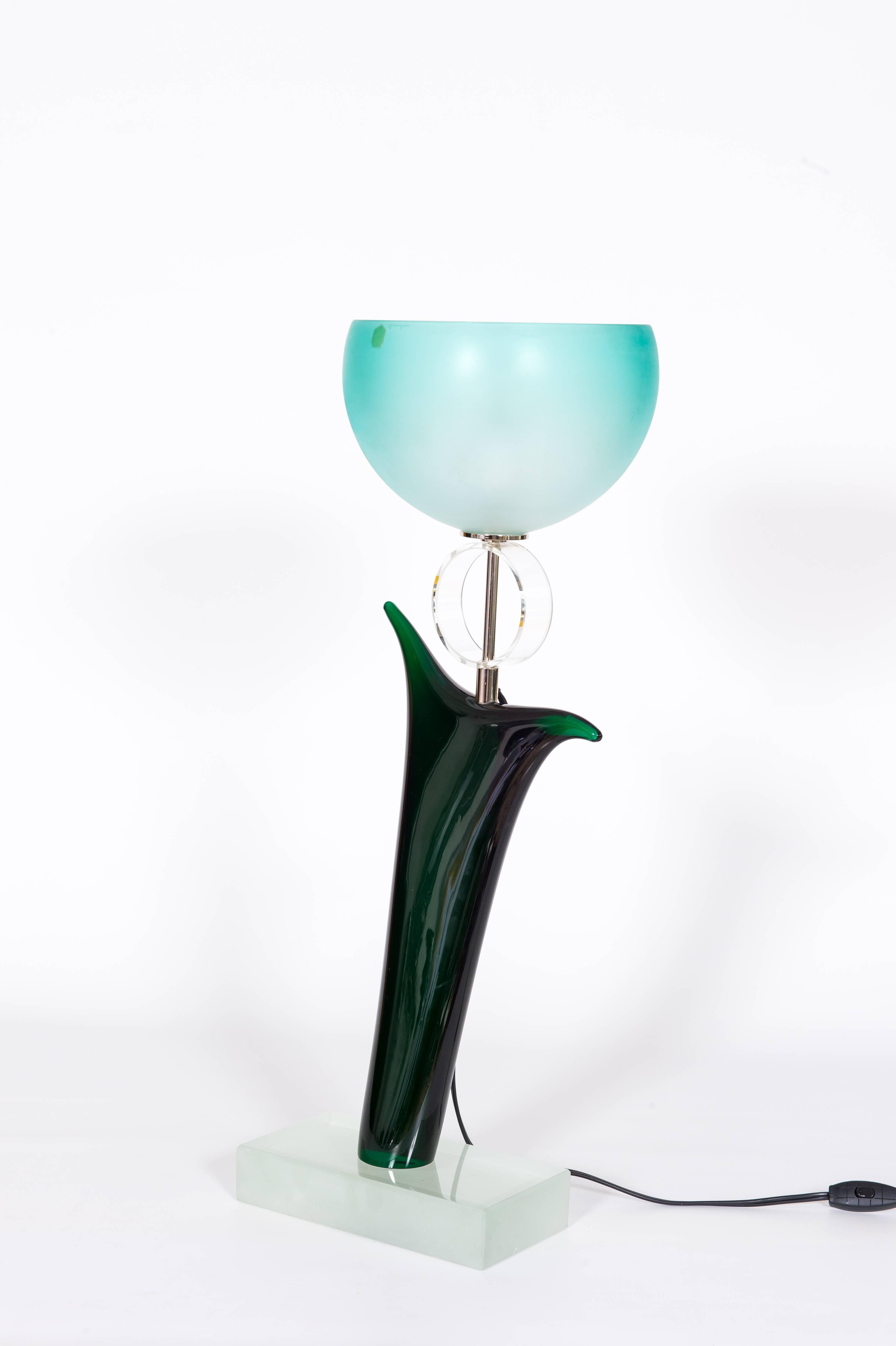 Modern Original Cenedese Tulip Table Lamp in green and blue Murano Glass Italy  1970s  For Sale
