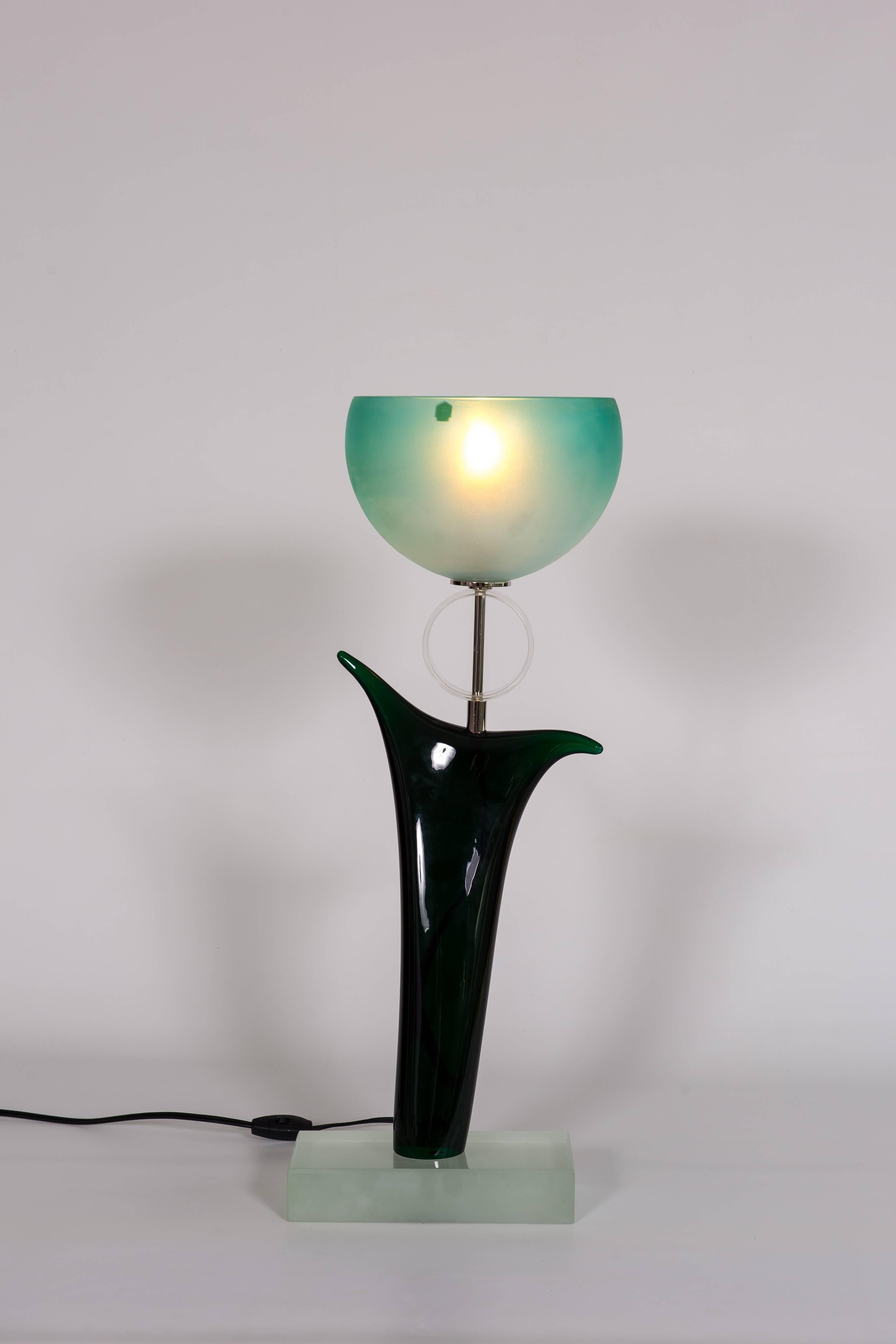 Lampe de bureau Tulip d'origine Cenedese en verre de Murano vert et bleu, 1970, Italie en vente 2