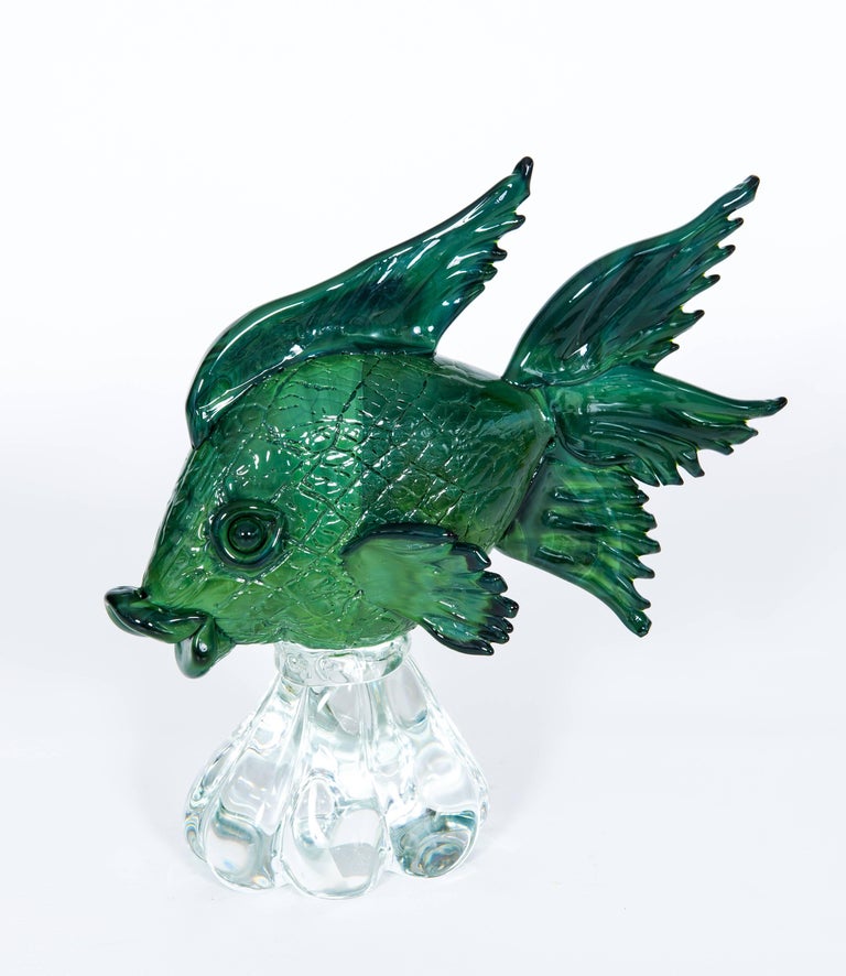 Italian Green Fish Sculpture, Blown Murano Glass, signed