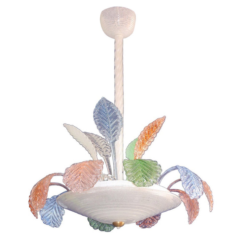 Flush Mount in Blown  Murano Glass MIlk and Multi-Colors leaves, 1950s