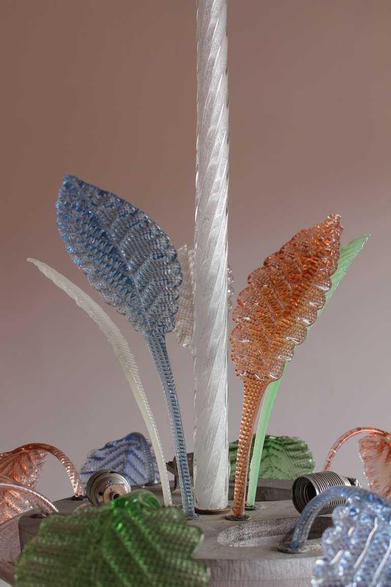 Mid-20th Century Flush Mount in Blown  Murano Glass MIlk and Multi-Colors leaves, 1950s