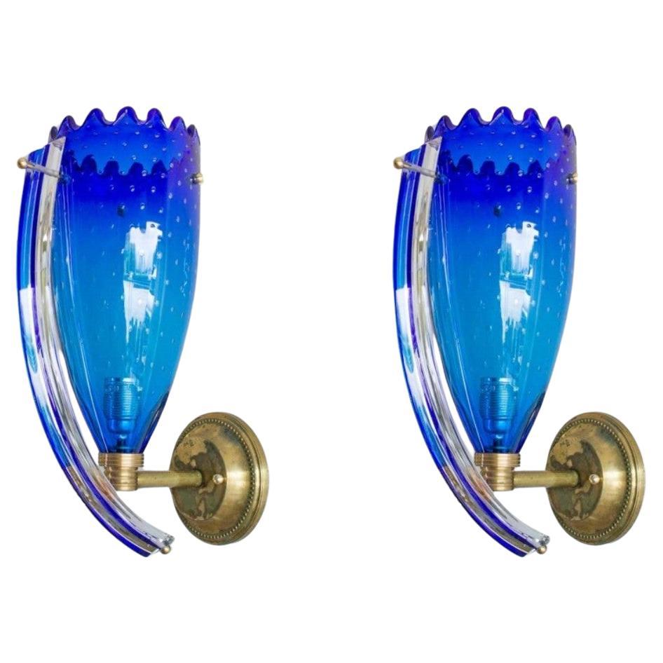 Pair of submerged Sconces Charming Blue Murano Glass Giovanni Dalla Fina 1960s