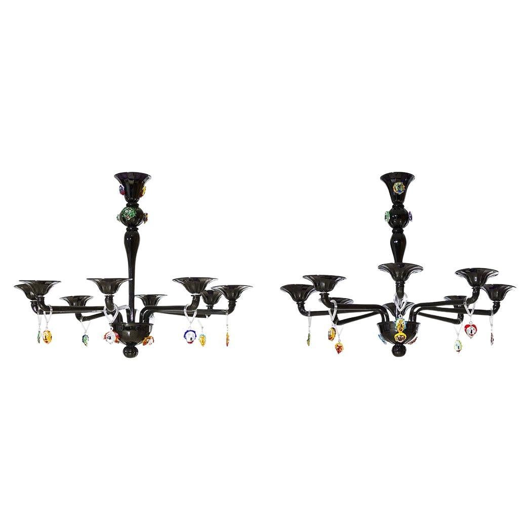 Modern Black Pair of Chandeliers Picasso sculpture in blown Murano Glass, Italy