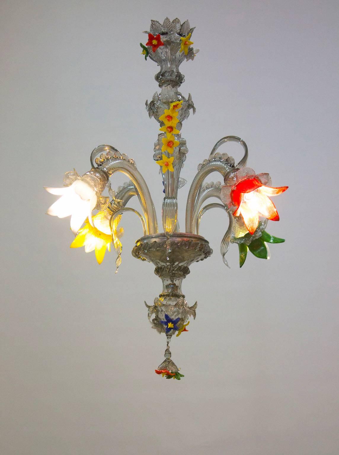 Italian Venetian, Chandelier, Blown Murano Glass, Silver Multi-Color, Ferro 1970 4