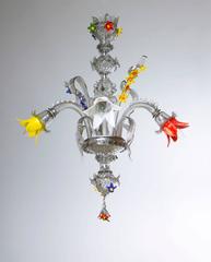 Italian Venetian, Chandelier, Blown Murano Glass, Silver Multi-Color, Ferro 1970
