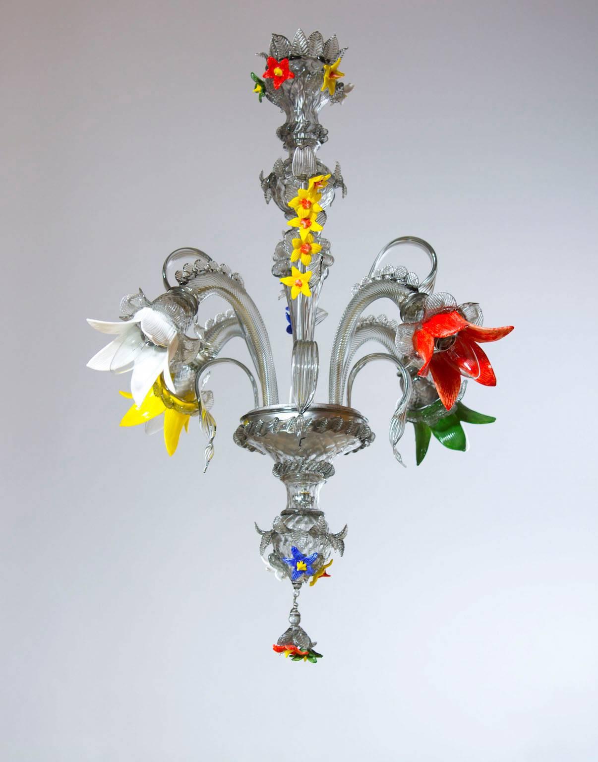 Mid-Century Modern Italian Venetian, Chandelier, Blown Murano Glass, Silver Multi-Color, Ferro 1970