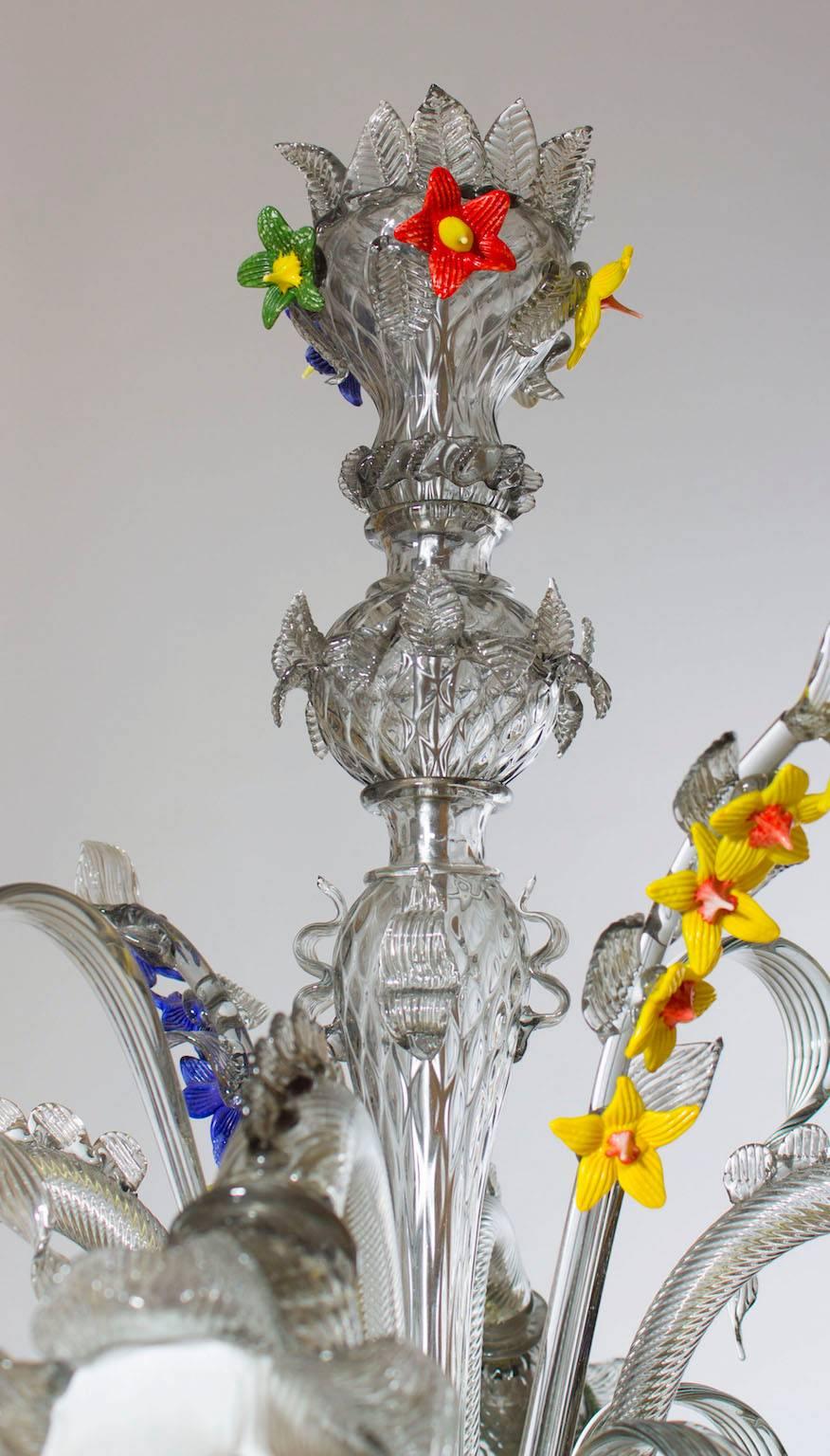 Hand-Crafted Italian Venetian, Chandelier, Blown Murano Glass, Silver Multi-Color, Ferro 1970