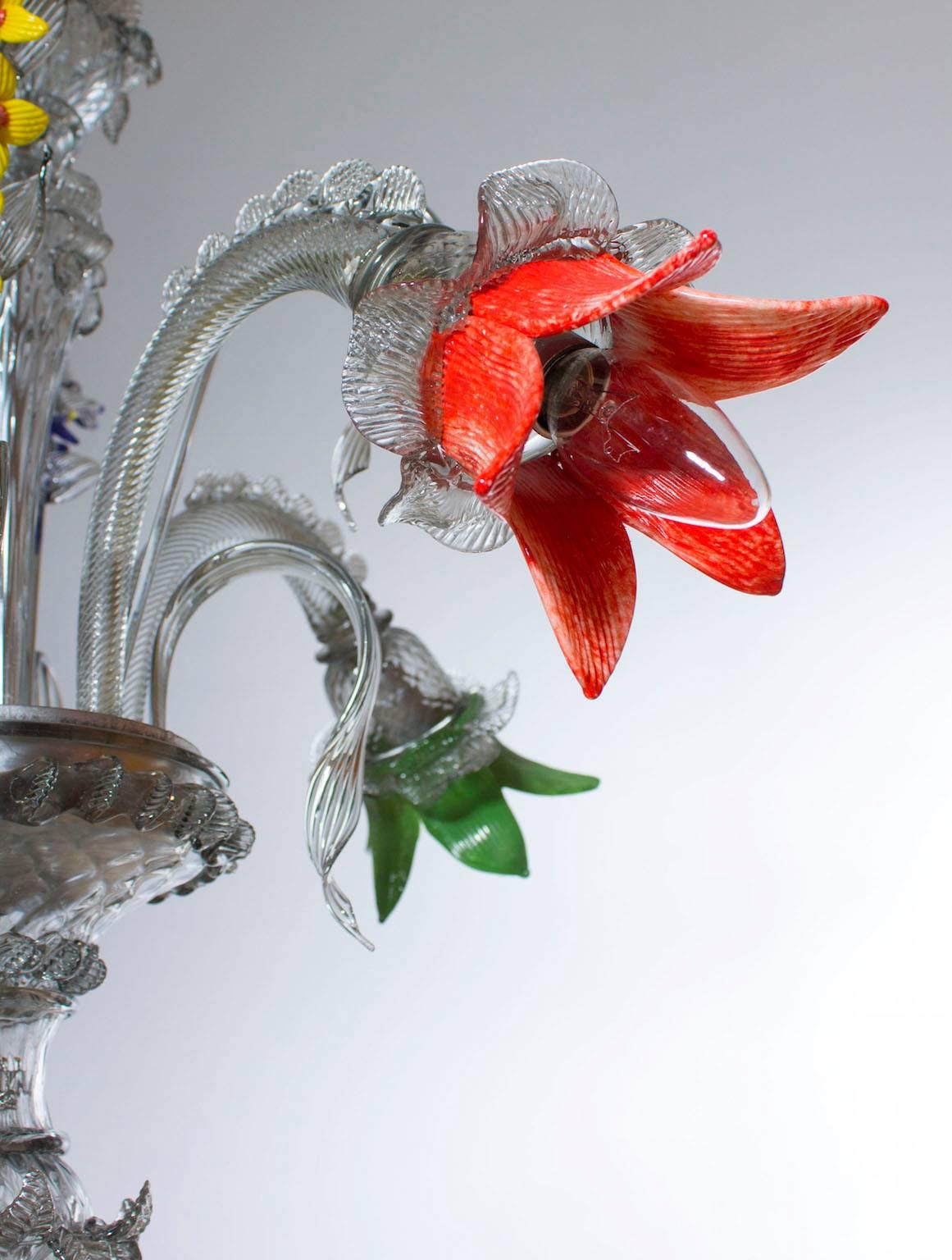 Italian Venetian, Chandelier, Blown Murano Glass, Silver Multi-Color, Ferro 1970 1