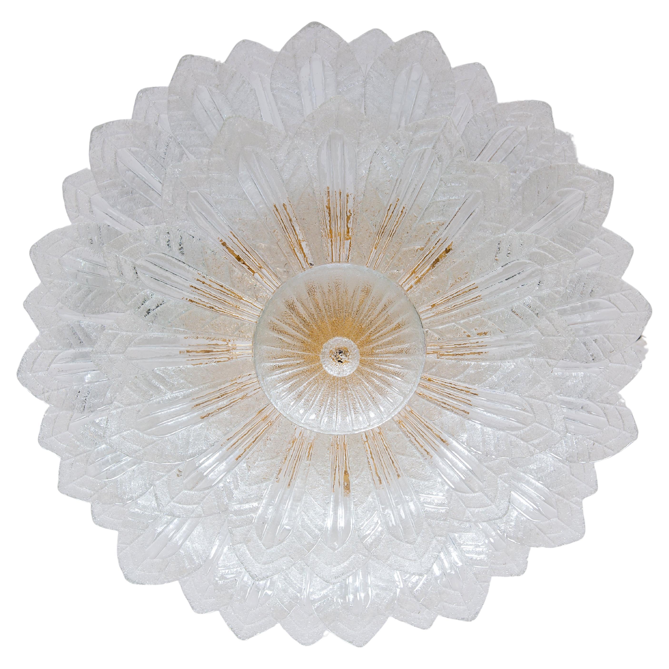 Flush Mount in Murano Glass Sandblasted Leaves and Sunken Gold Italy 1990s For Sale