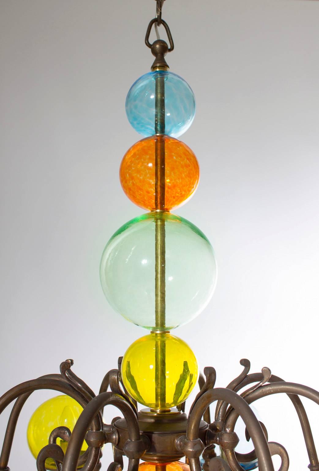 Hand-Crafted Italian Venetian, Chandelier, brass & colored blown Murano Glass bolls, 1960s