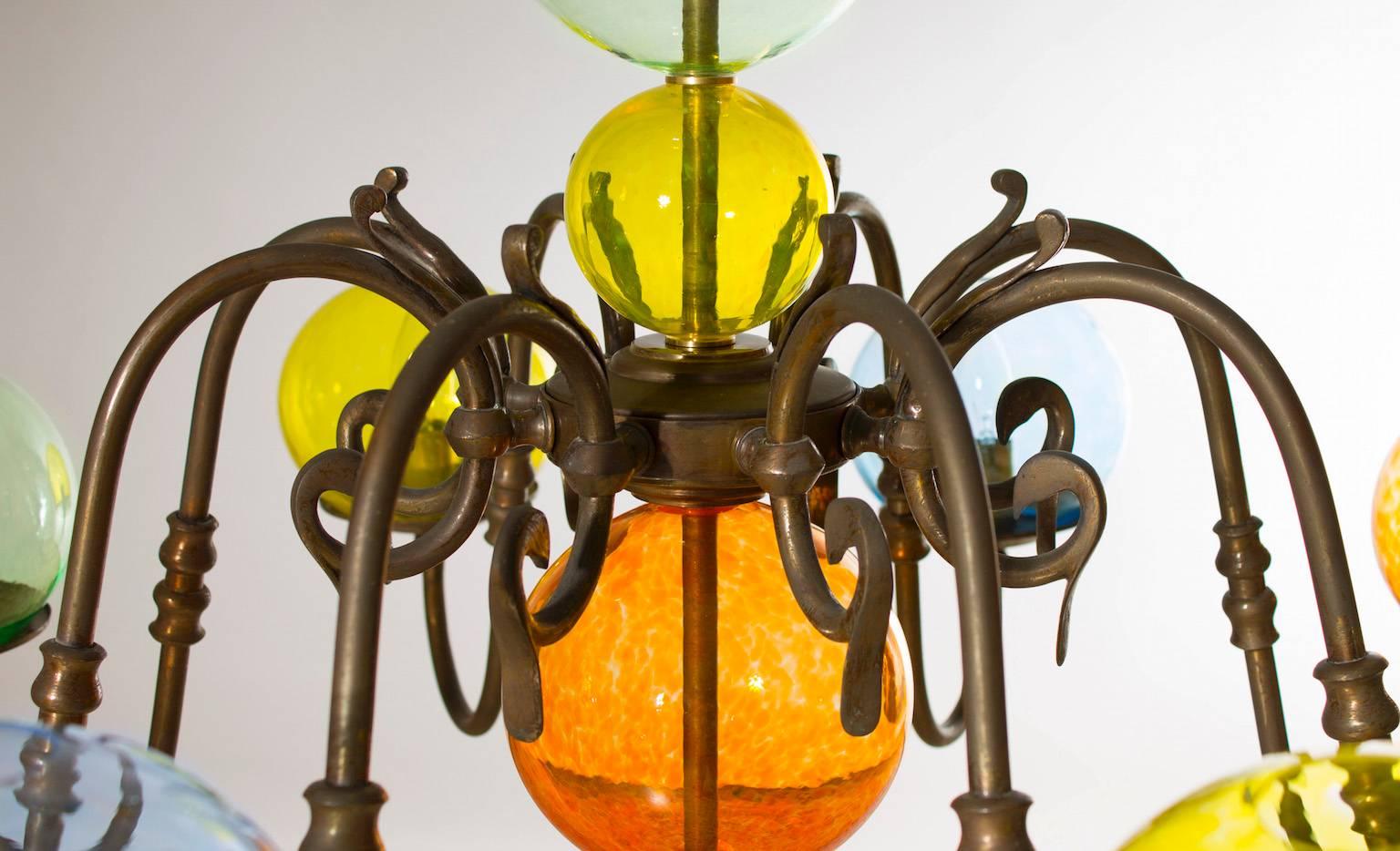 Art Glass Italian Venetian, Chandelier, brass & colored blown Murano Glass bolls, 1960s