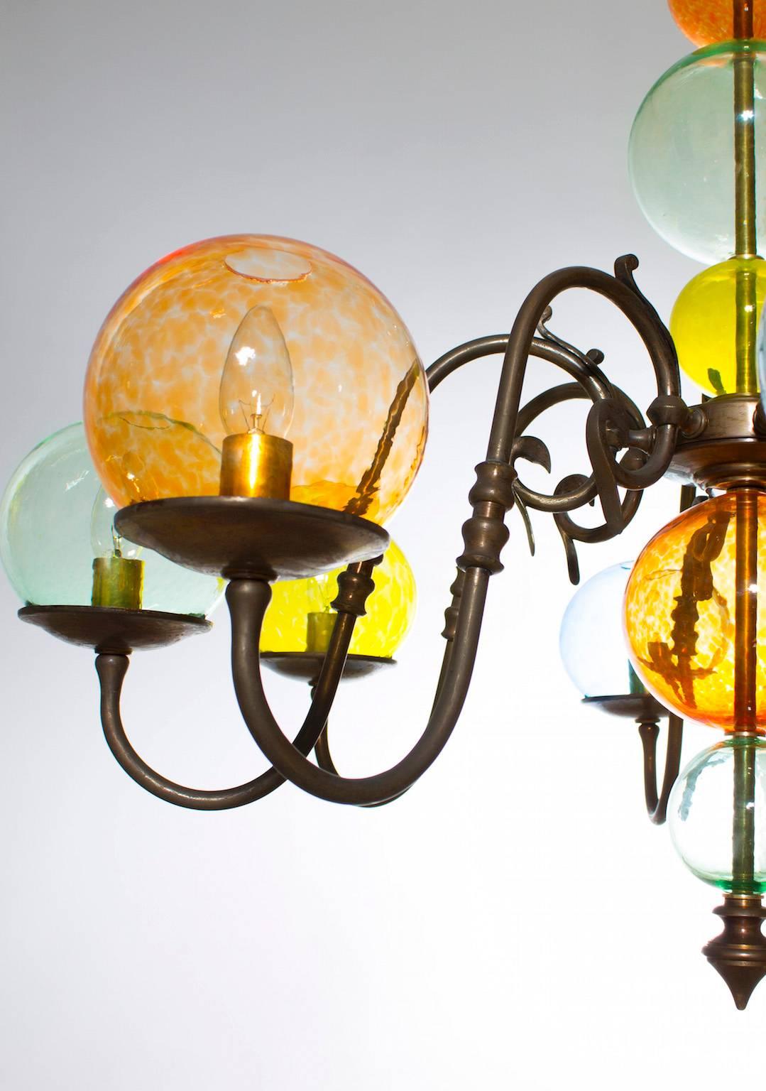 Mid-20th Century Italian Venetian, Chandelier, brass & colored blown Murano Glass bolls, 1960s